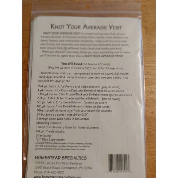 1997 UNCUT Homestead Specialties Sewing Applique Pattern "Knot Your Average Vest - Picture 2 of 2
